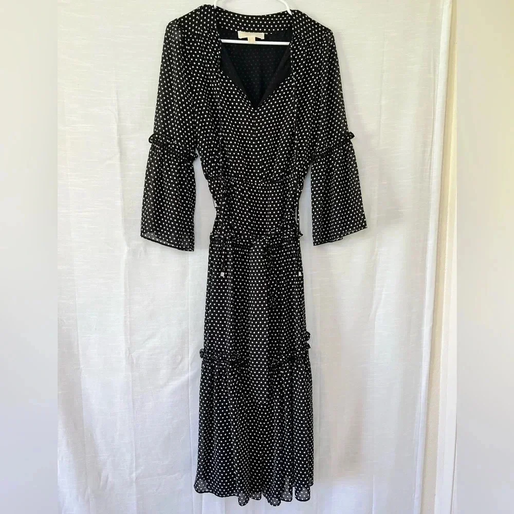 MICHAEL KORS Tiered Polka Dot Chiffon MIDI Dress Black - Picture 3 of 9